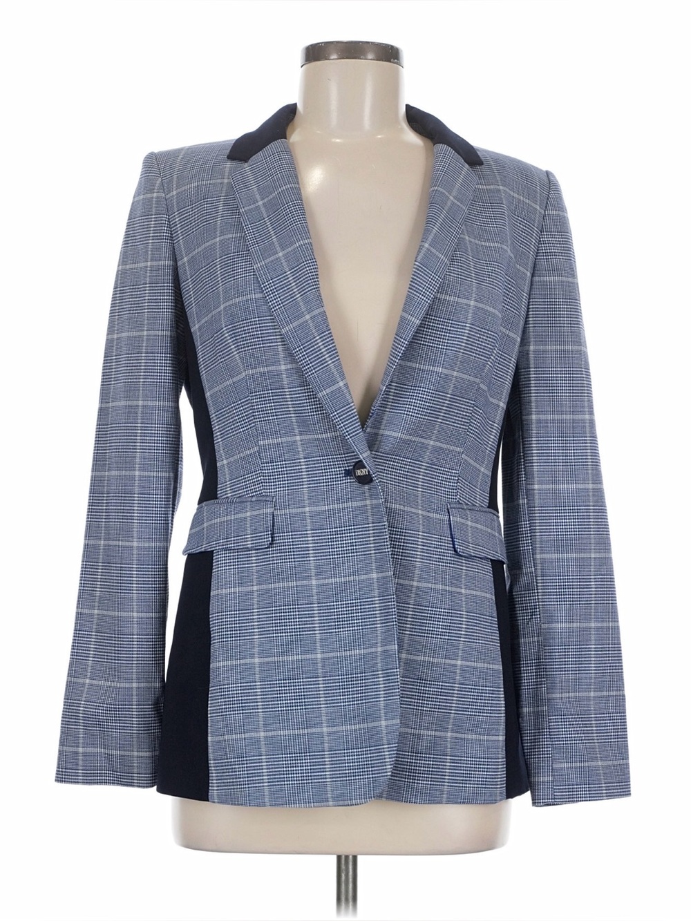 DKNY Blue Glen Plaid Color Block Single Button Blazer Size 6